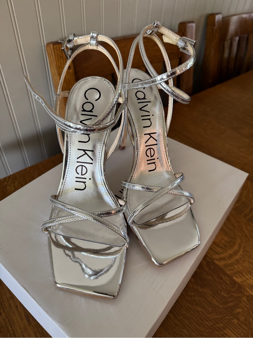 Calvin Klein Tegin Heeled Sandals silver Women’s Size 7.5 NWT